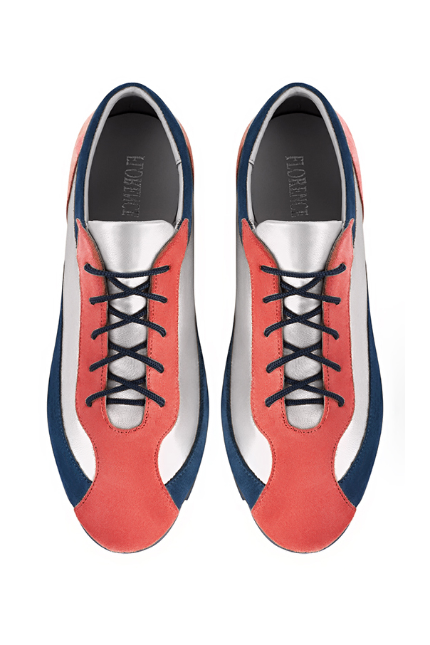 Coral orange, light silver and navy blue women's three-tone elegant sneakers. Round toe. Flat rubber soles. Top view - Florence KOOIJMAN
